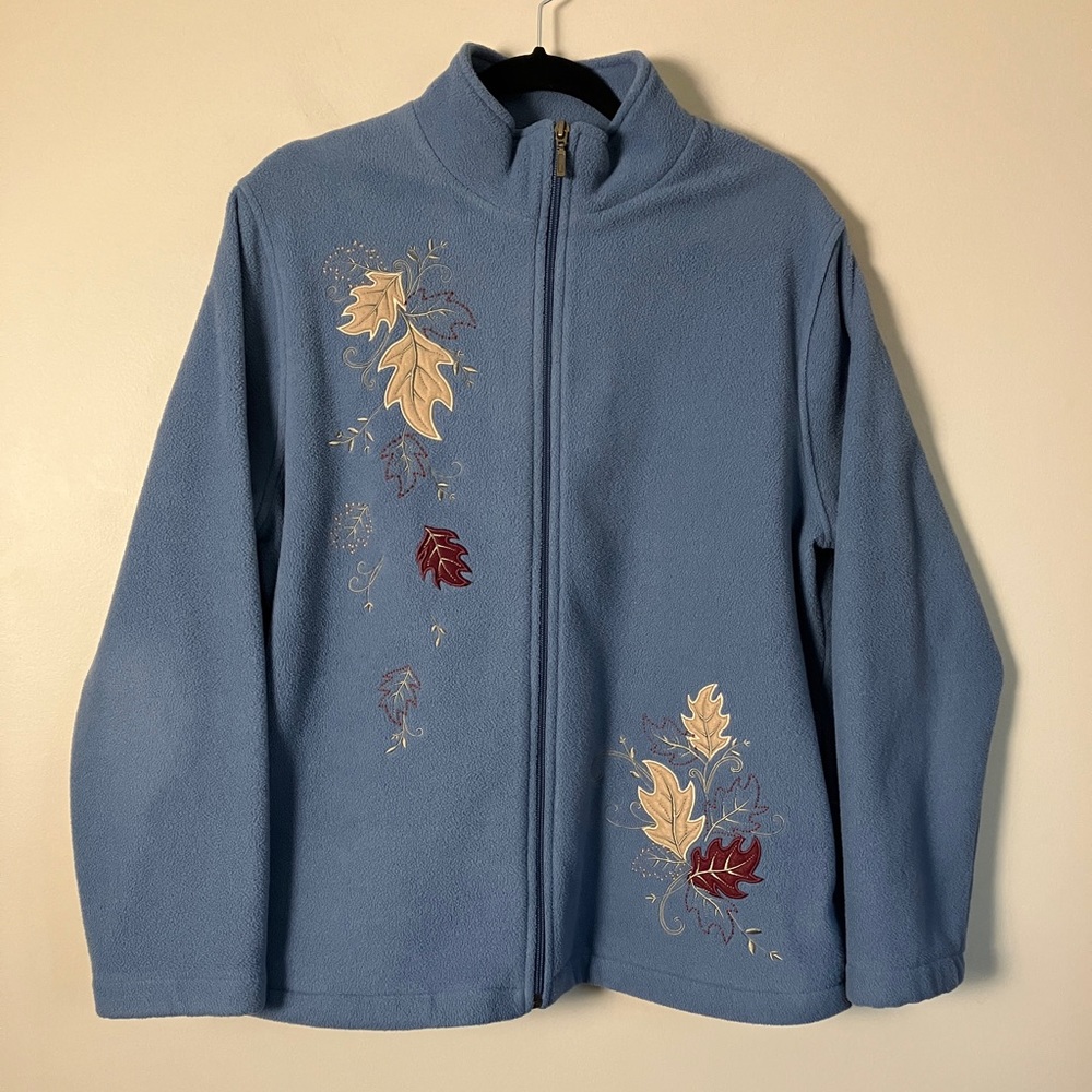 Fleece jacket blue with autumn leaf embroidery appliqué zip up women’s size L
